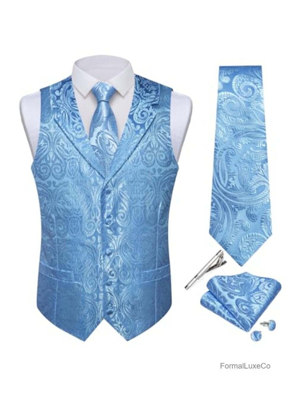 Men's Silk Paisley Vest and Tie Set 5 Piece Formal Suit Vest